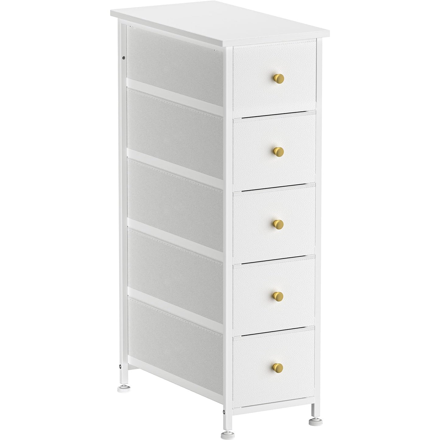 YILQQPER Narrow Dresser Storage Tower with 5 Drawers Slim Dresser Chest of Drawers with Steel Frame Wood Top Golden Knobs White Dresser for Bedroom Bathroom Small Spaces Laundry Closet White