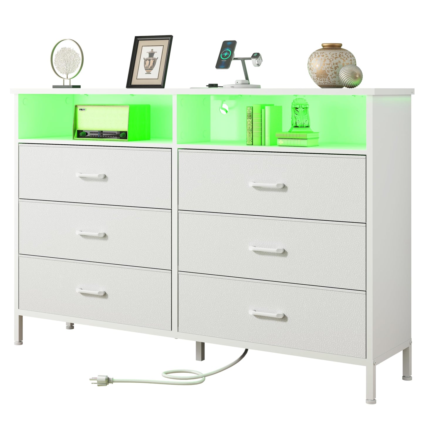 Dresser for bedroom Fabric White Bedroom Dresser with LED Lights and Charging Station 6 Long Drawers Dresser Tall Wide Chest of Drawers Storage Organizer TV Stand for up to 60" TV for Living Room