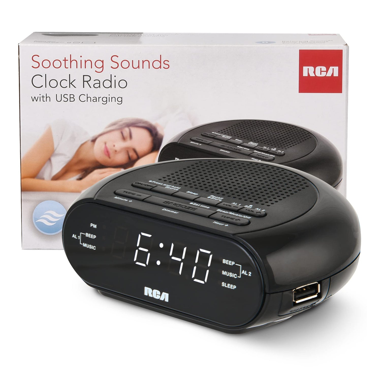 RCA RCS27 Digital Radio Alarm Clock with Soothing Sounds Brightness Control and USB Charging Port