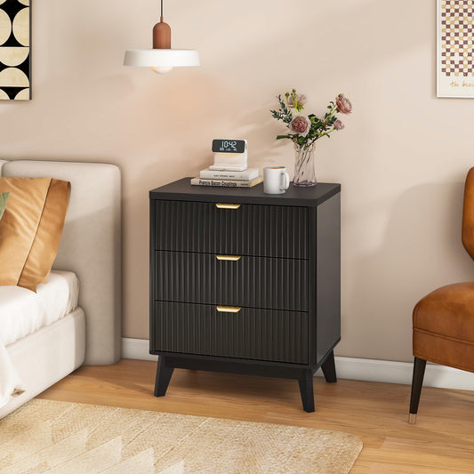 LYNCOHOME Fluted 3-Drawer Nightstand – Black