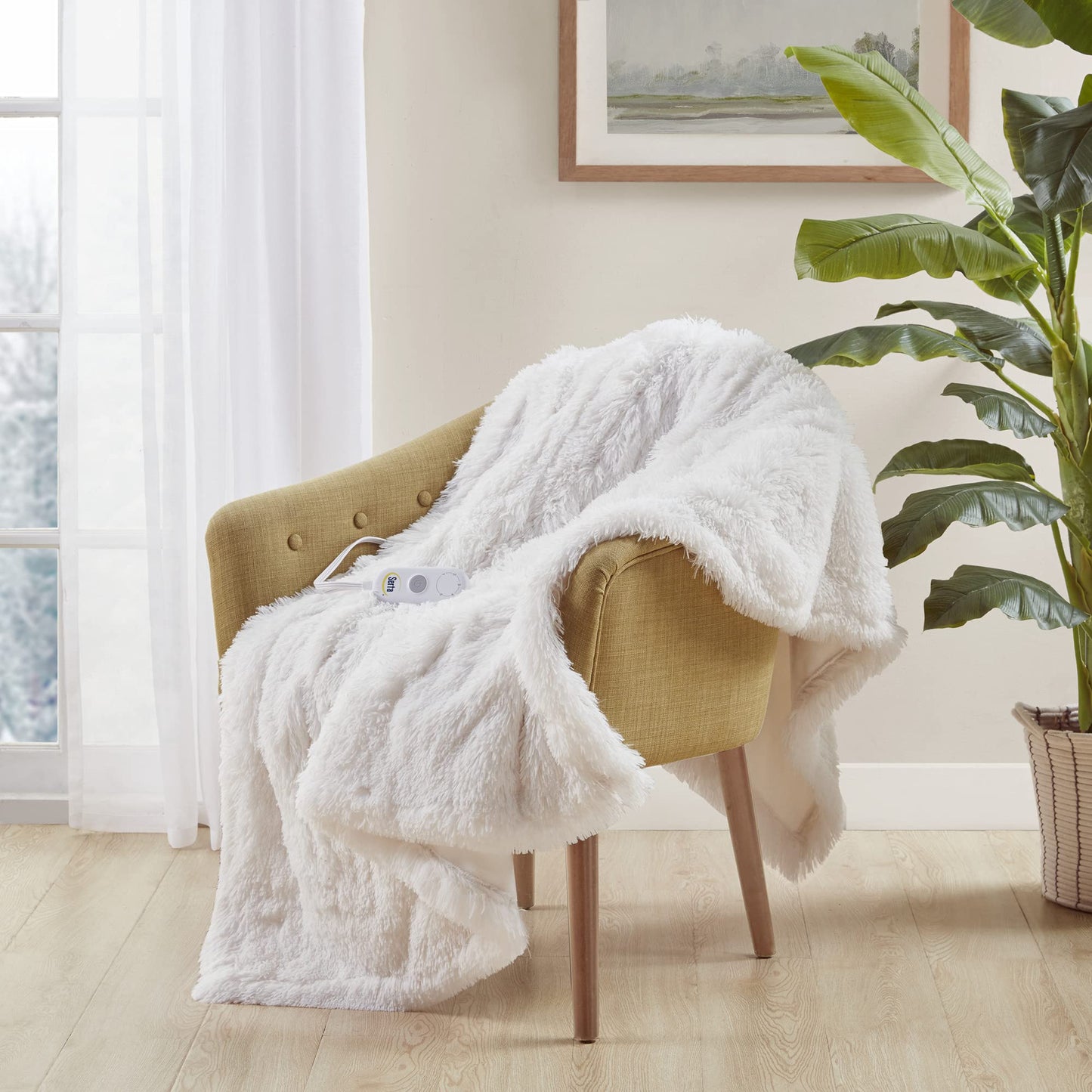 Serta Mila Shaggy Heated Throw Blanket - Soft Faux Fur Heated Blanket Fast Heating Auto Shut Off Timer Low EMF 5 Heat Setting ETL Certified Machine Washable Electric Blanket Champagne 50"x60"