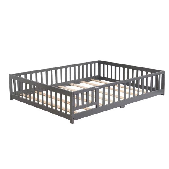 Full Size Floor Bed With Door,Solid Wood Platform Bed Frame With Fence,Suitable For Children,Pine Wood