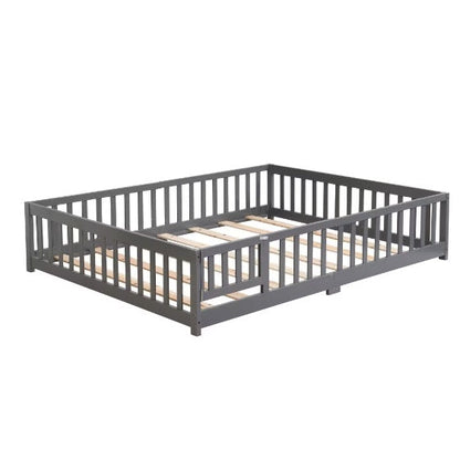 Full Size Floor Bed With Door,Solid Wood Platform Bed Frame With Fence,Suitable For Children,Pine Wood
