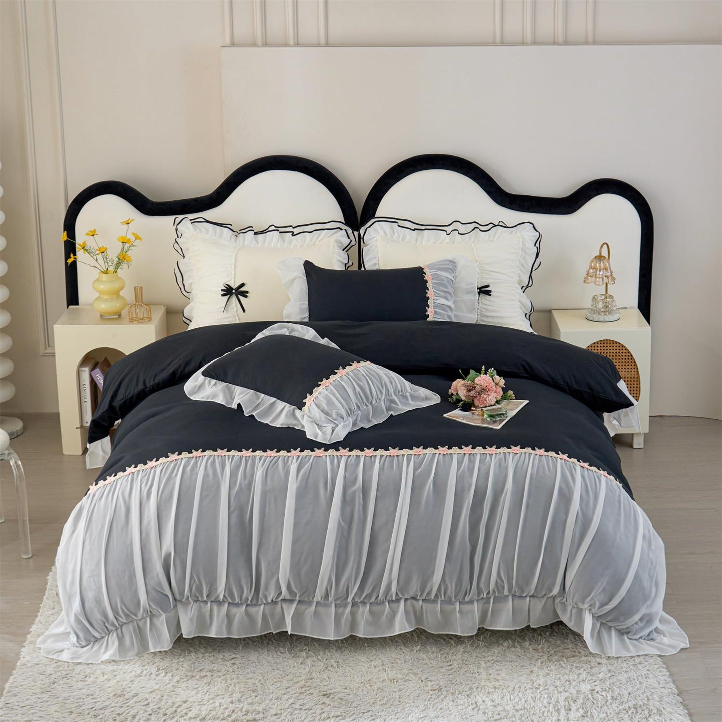 MOOWOO Chic Ruffle Lace Full Duvet Cover Set-Princess Girl Bedding-3 Piece Comforter Duvet Cover with Zipper ClosureCoquette Room Decor-BlackFull Size