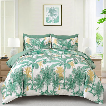 WONGS BEDDING Comforter Set Queen Size 7 Pieces Aqua Botanical Bed in a Bag Soft Microfiber Tropical Palm Tree Bedding Set with Queen Comforter Flat Sheet Fitted Sheet Pillow Shams Pillowcases