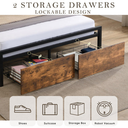 Queen Size Bed Frame With Storage Headboard And 2 Drawers, LED Lights Bed With Charging Station
