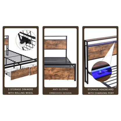 Full Size Bed Frame With Storage Headboard And 2 Drawers, LED Lights Bed With Charging Station, Metal Platform Bed No Noise