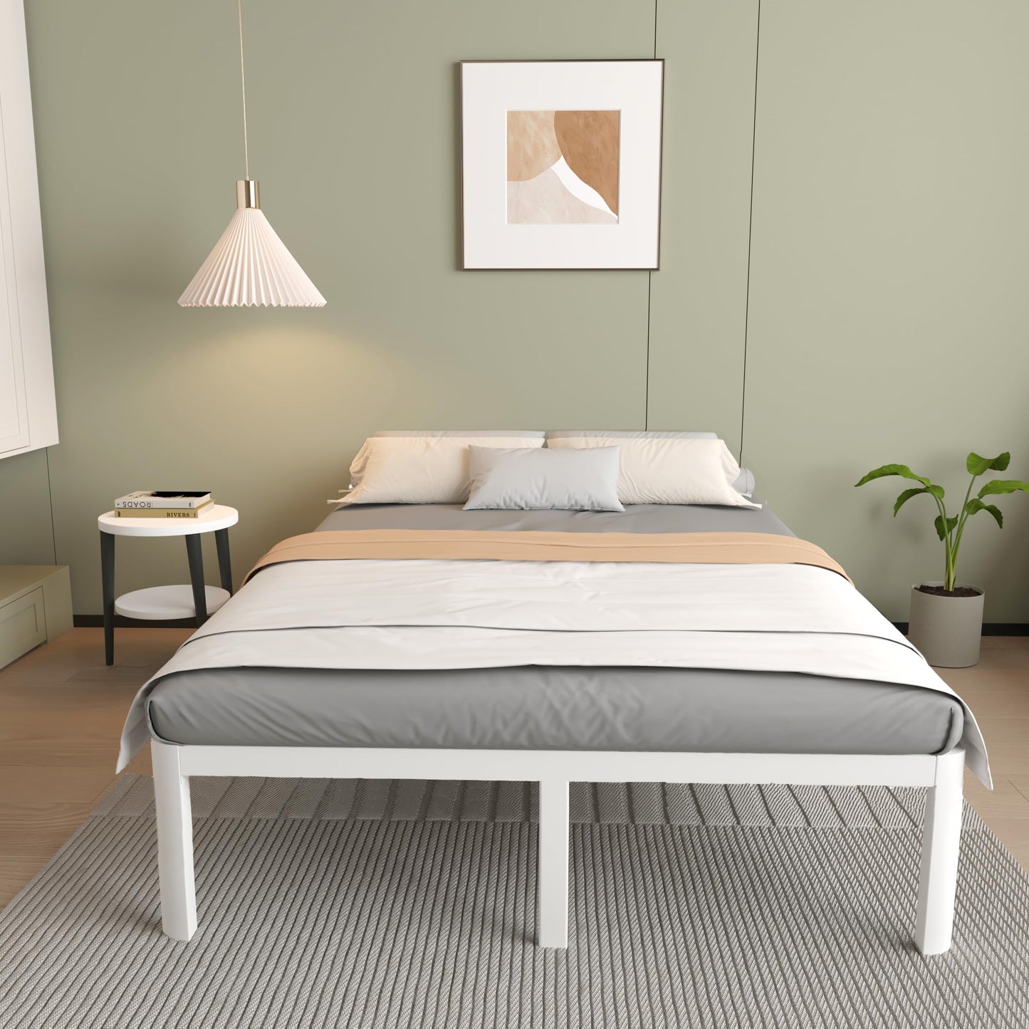 ITIMIDI 16 Inch White Bed Frame Queen Queen Size Metal Platform Bed Frames with Round Corner Legs Heavy Duty Steel Support 3500 LBS Storage Space No Box Spring Needed Noise Free Easy Assembly