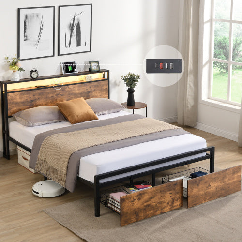 Full Storage Bed Frame LED Black Brown