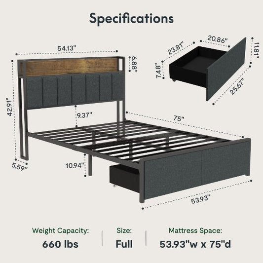 Full LED Bed Frame with Charging Black