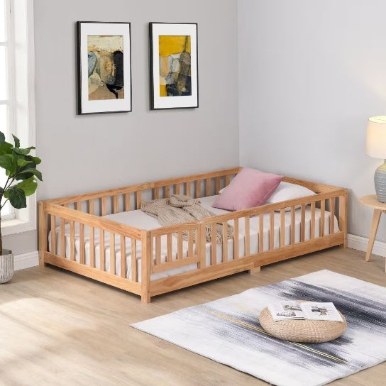 Full Size Floor Bed With Door,Solid Wood Platform Bed Frame With Fence,Suitable For Children,Pine Wood