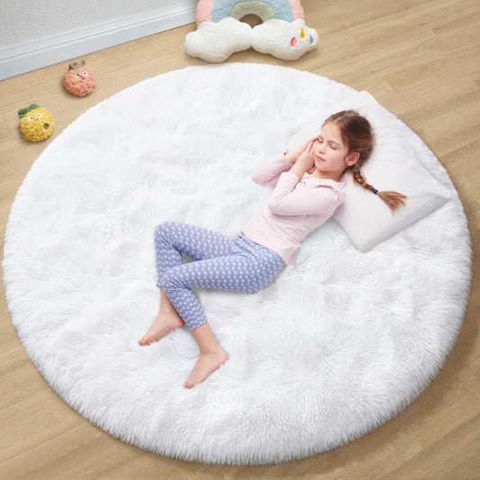 Evoionos White Round Plush Rug – 4' Kids Bedroom