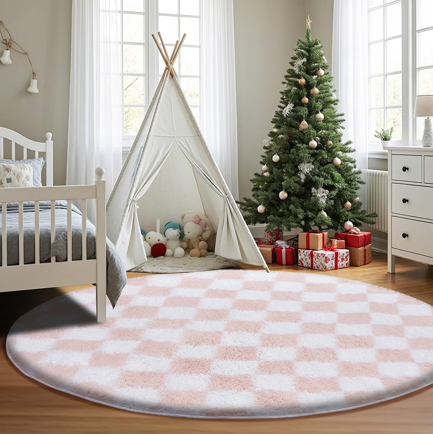 TOOHUB Super Soft Rug Round Rug for Bedroom 5X5 Ft Pink and White Checkered Round Rug Non-Slip High Pile Cute Soft Fluffy Rug for Living Room Bedroom Kids Room