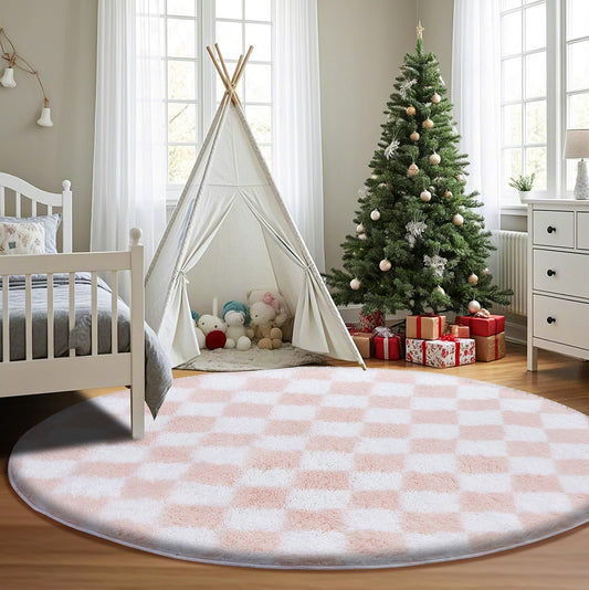 TOOHUB Fluffy Checkered Round Rug – 5'×5'