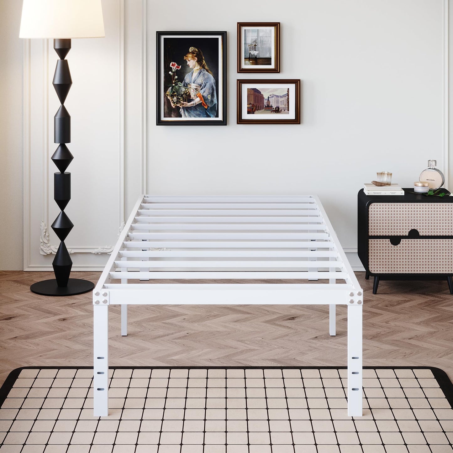 DiaOutro 18 Inch Twin Bed Frame Heavy Duty No Box Spring Needed Metal Platform with Maximum Storage Easy Assembly Noise Free White