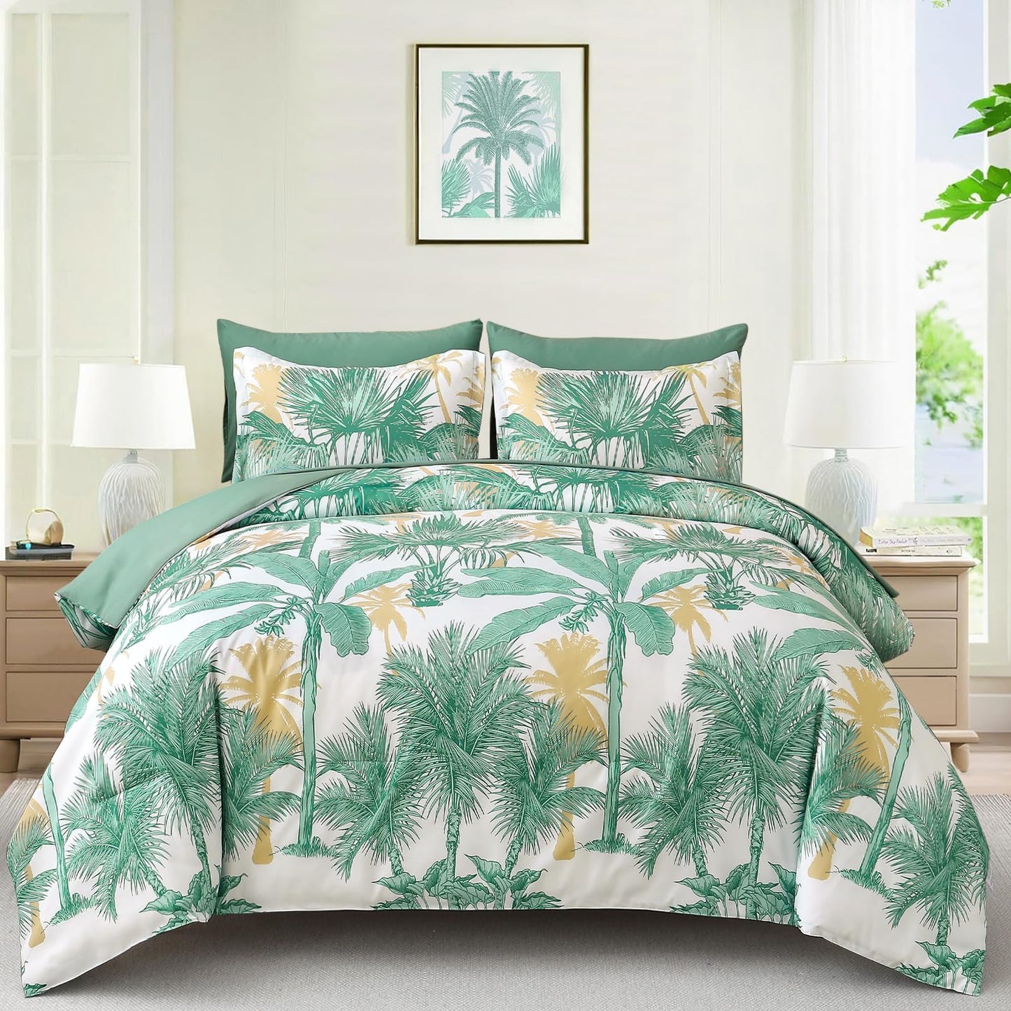 WONGS BEDDING Comforter Set Queen Size 7 Pieces Aqua Botanical Bed in a Bag Soft Microfiber Tropical Palm Tree Bedding Set with Queen Comforter Flat Sheet Fitted Sheet Pillow Shams Pillowcases