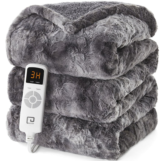 EHEYCIGA Full Heated Blanket Faux Fur Grey