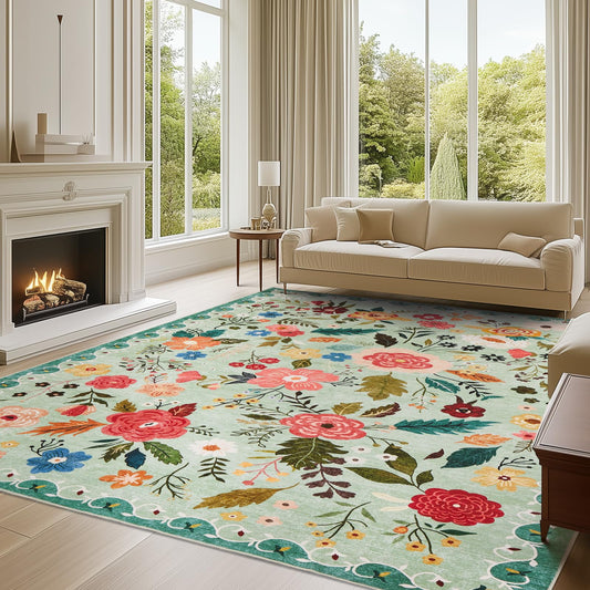 Boho Floral Vintage Area Rug – 6'×9' Green